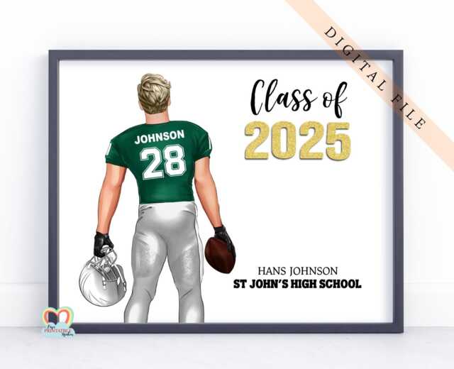 Personalized Football Graduation Print American Footballer Illustration - Digital Jpg File - image 1