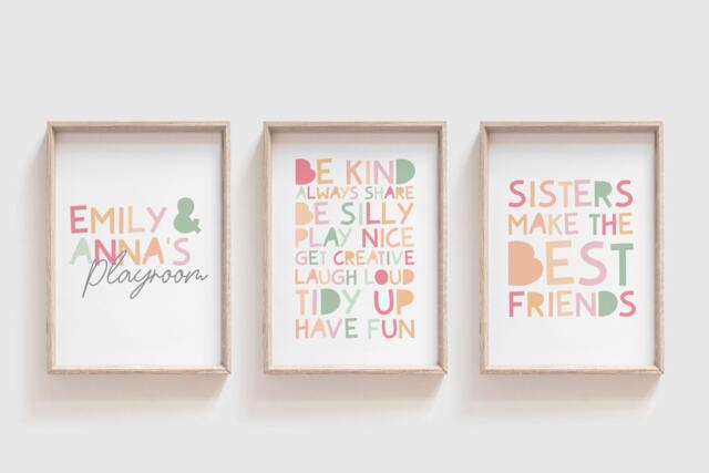 Set Of 3 Playroom Prints, Sister Girls Nursery Wall Art, Bedroom Decor - image 1
