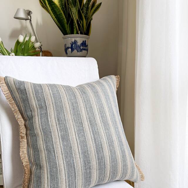 Blue Striped Pillow Cover Linen Jute With Fringe, Coastal Decor - image 1