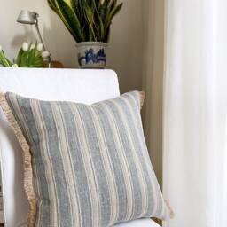 Blue Striped Pillow Cover Linen Jute With Fringe, Coastal Decor - thumbnail 1