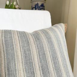 Blue Striped Pillow Cover Linen Jute With Fringe, Coastal Decor - thumbnail 3
