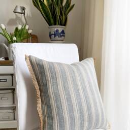 Blue Striped Pillow Cover Linen Jute With Fringe, Coastal Decor - thumbnail 2