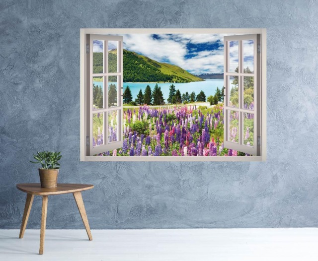 Lavender Fields Landscape Wall Decal - Mountain Scene Art Sticker 3D Window Nature Frame Decor - image 1