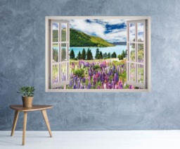 Lavender Fields Landscape Wall Decal - Mountain Scene Art Sticker 3D Window Nature Frame Decor - thumbnail 1