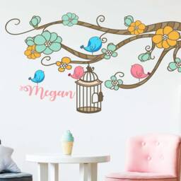 Personalized Name Tree Branch Wall Decal, Birdcage Nursery Decor - thumbnail 1