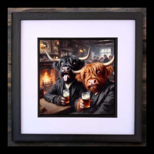 Highland Cow Pub Print Scottish Wall Art in Black Frame - 12x12 - image 1