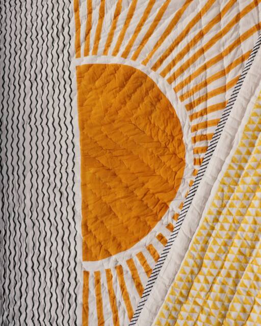 Handmade Queen Quilt Reversible Block-Printed Cotton Sun & Starry Night Bedspread - image 1