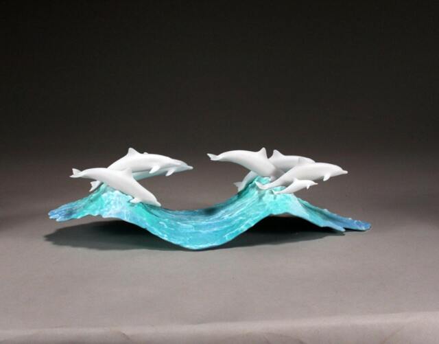 Dolphin School By John Perry On Blue Waves 15In Long Pellucida Sculpture Figurine - image 1