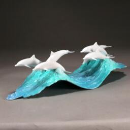 Dolphin School By John Perry On Blue Waves 15In Long Pellucida Sculpture Figurine - thumbnail 3