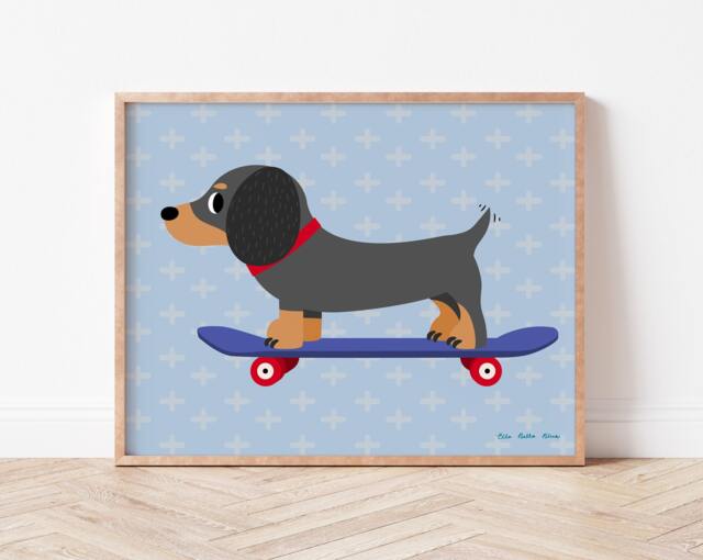 Sausage Dog On A Skateboard, Cute Dachshund Digital Wall Art, Children's Bedroom Decor, Animal Illustration, Printable Nursery Decor - image 1