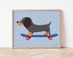 Sausage Dog On A Skateboard, Cute Dachshund Digital Wall Art, Children's Bedroom Decor, Animal Illustration, Printable Nursery Decor - thumbnail 1