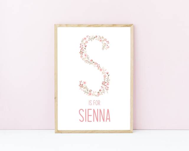 Nursery Initial Print, Floral Nursery, Pink Flower Children's Bedroom Decor Flowers, Custom Prints - image 1
