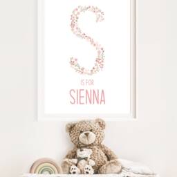 Nursery Initial Print, Floral Nursery, Pink Flower Children's Bedroom Decor Flowers, Custom Prints - thumbnail 3