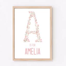 Nursery Initial Print, Floral Nursery, Pink Flower Children's Bedroom Decor Flowers, Custom Prints - thumbnail 2