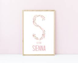 Nursery Initial Print, Floral Nursery, Pink Flower Children's Bedroom Decor Flowers, Custom Prints - thumbnail 1