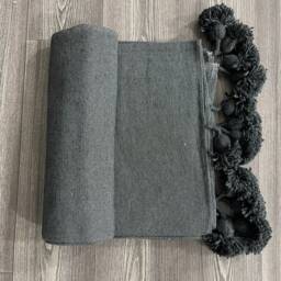 Handmade Cotton Knit Blanket, Tan Neutral Throw, Moroccan Pom Poms - thumbnail 3