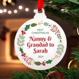 First Christmas As Nanny & Grandad Decoration, Personalised 1st Nan Granny Grandpa, Grandparents With Red Bag - thumbnail 3