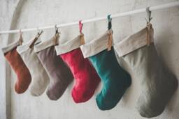 Personalized Linen Christmas Stocking Free Engraved Leather Tag, Zero Waste Gift - thumbnail 1