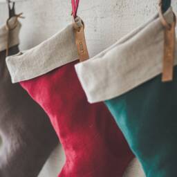 Personalized Linen Christmas Stocking Free Engraved Leather Tag, Zero Waste Gift - thumbnail 2