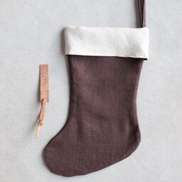 Personalized Linen Christmas Stocking Free Engraved Leather Tag, Zero Waste Gift - thumbnail 4