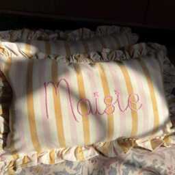 Personalised Embroidered Name Pink & Mustard Stripe Cushion - thumbnail 3