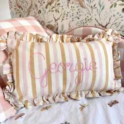 Personalised Embroidered Name Pink & Mustard Stripe Cushion - thumbnail 2