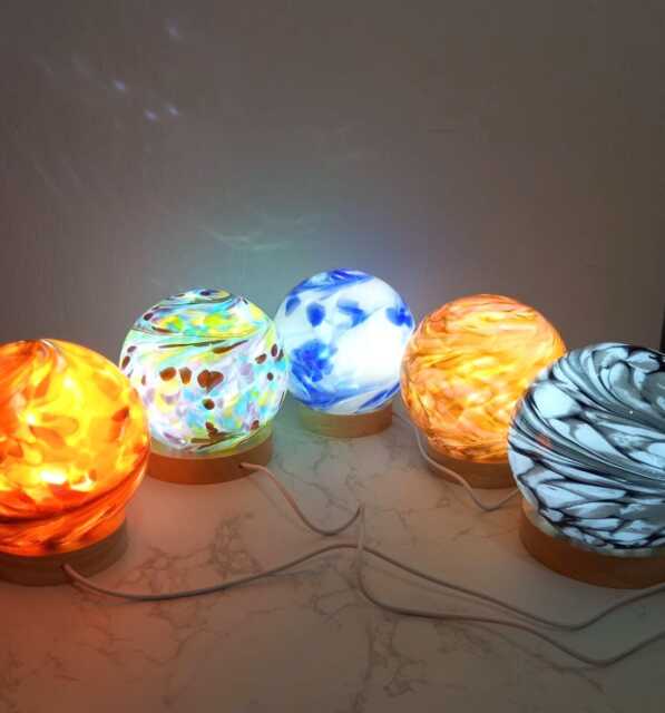 Hand Blown Glass Sphere Lamp Led Ambient Night Light, Wood Base - image 1