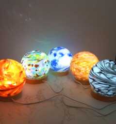 Hand Blown Glass Sphere Lamp Led Ambient Night Light, Wood Base - thumbnail 1