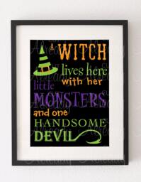 Printable-Witch Lives Here With Her Little Monsters & One Handsome Devil - Halloween Printable Sign Digital Art Wall Decor Witch - thumbnail 1