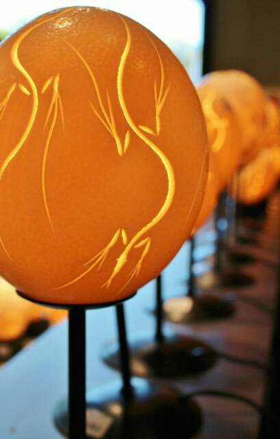 Hand Carved Lizard Ostrich Egg Lampshade, South African Art - image 1