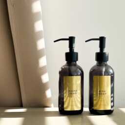 Smoked Glass Soap Dispenser With Custom Gold Label - Black Or Brass Pump - thumbnail 2
