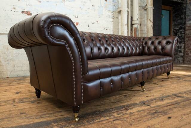 Handmade Large 4 Seater Antique Brown Leather Chesterfield Sofa - image 1
