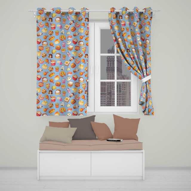 Cute Kawaii Fast Food Sushi Dessert Snacks Seamless Pattern Blue Background Readymade Eyelet Ring Top Thermal 100% Blackout Curtains - image 1