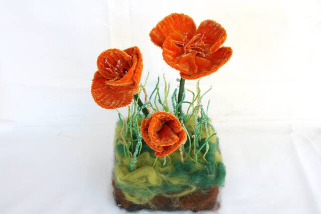Fiber Art Poppies Flower Sculpture, Whimsical Home Decor, Unique Wedding Centerpiece, Fall Floral Arrangement, Soft Sculpture Flowers - image 1
