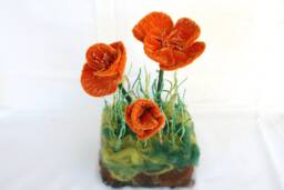 Fiber Art Poppies Flower Sculpture, Whimsical Home Decor, Unique Wedding Centerpiece, Fall Floral Arrangement, Soft Sculpture Flowers