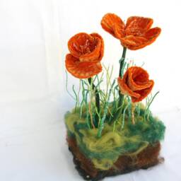 Fiber Art Poppies Flower Sculpture, Whimsical Home Decor, Unique Wedding Centerpiece, Fall Floral Arrangement, Soft Sculpture Flowers - thumbnail 3