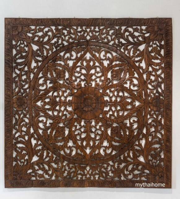 Brown Queen Headboard, Lotus Wood Wall Art, Bohemian Large Teak Art Panel, Asian Carved Mandala 150cm - image 1