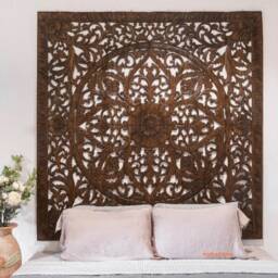 Brown Queen Headboard, Lotus Wood Wall Art, Bohemian Large Teak Art Panel, Asian Carved Mandala 150cm - thumbnail 2