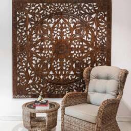Brown Queen Headboard, Lotus Wood Wall Art, Bohemian Large Teak Art Panel, Asian Carved Mandala 150cm - thumbnail 3