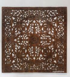 Brown Queen Headboard, Lotus Wood Wall Art, Bohemian Large Teak Art Panel, Asian Carved Mandala 150cm - thumbnail 1