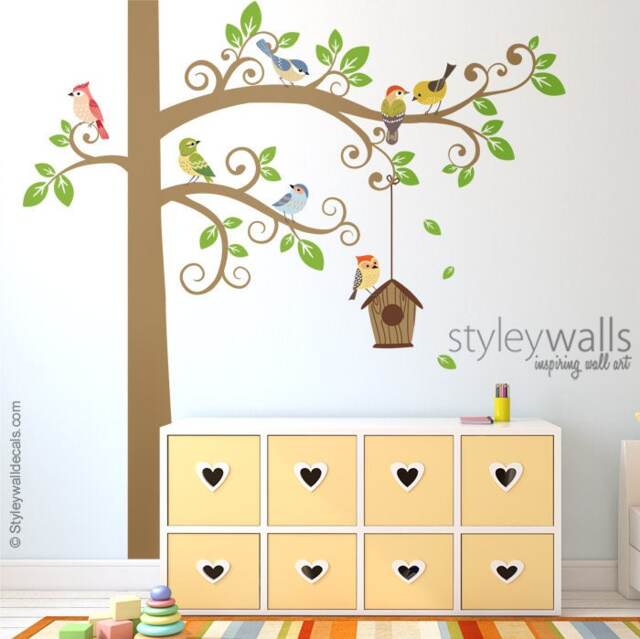 Birds Wall Decal, Tree & Decal Sticker, Bird House Nursery Decor, Baby Room Kids Decals - image 1