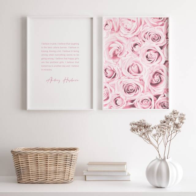 I Believe in Pink With Roses - Set Of 2 Prints Audrey Hepburn Quote Inspirational Wall Art Gift For Her Unframed - image 1