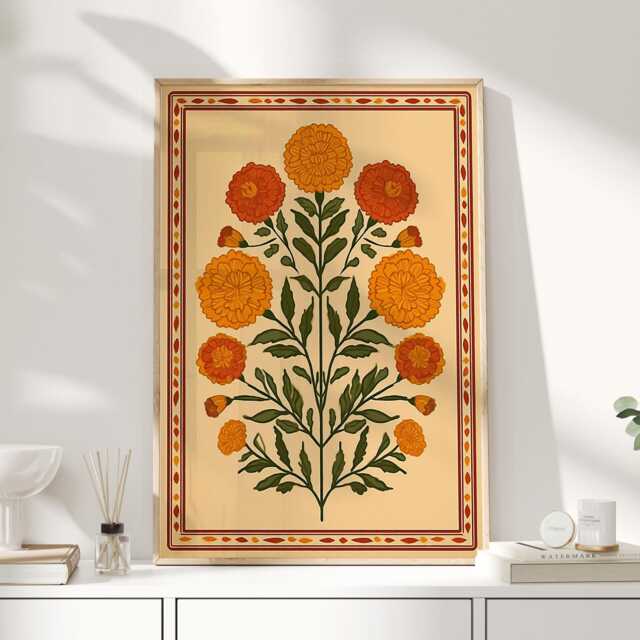 Mexican Folk Art Floral Print - Block Style Botanical Wall Traditional Flowers Poster - image 1