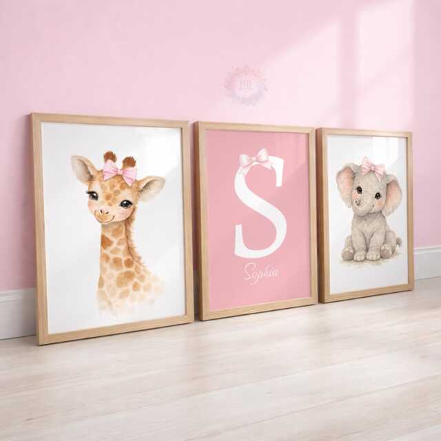 Girls Nursery Print Set - Personalised Safari Animal Wall Art, Bedroom Decor, Giraffe Elephant - image 1