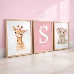 Girls Nursery Print Set - Personalised Safari Animal Wall Art, Bedroom Decor, Giraffe Elephant - thumbnail 1