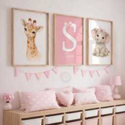 Girls Nursery Print Set - Personalised Safari Animal Wall Art, Bedroom Decor, Giraffe Elephant - thumbnail 2