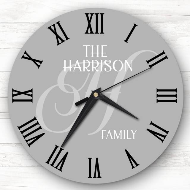 Family Name Big Initial Grey Personalised Gift Clock - image 1