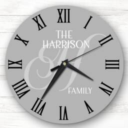 Family Name Big Initial Grey Personalised Gift Clock - thumbnail 1