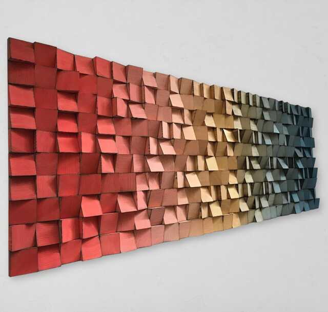 Wood Wall Art - Handmade Sound Diffuser Red Gold Blue Decor - image 1