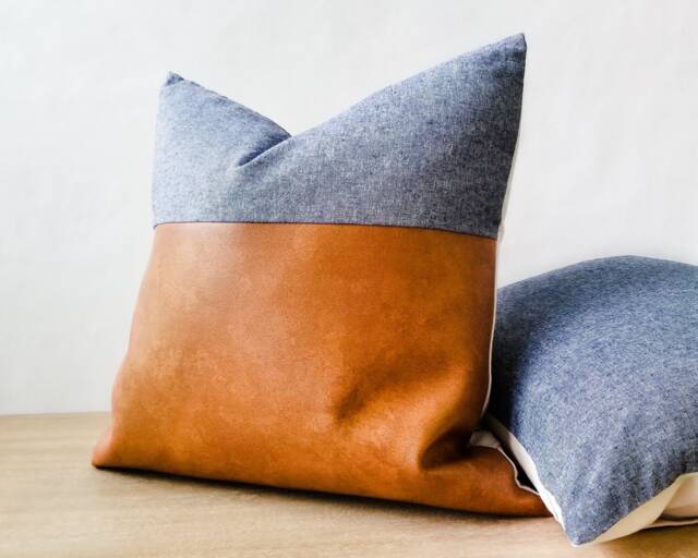 Linen + Faux Leather - Coastal Blue Linen/Cotton Blend Modern Farmhouse Contemporary Home Pillow Inserts Available - image 1